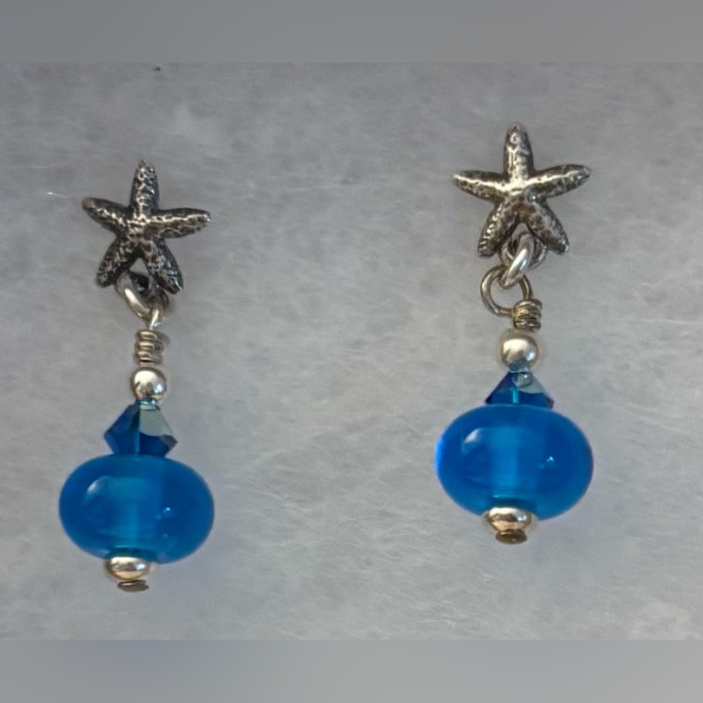Silverskylight Silver Starfish Earrings with Bright Blue Beads